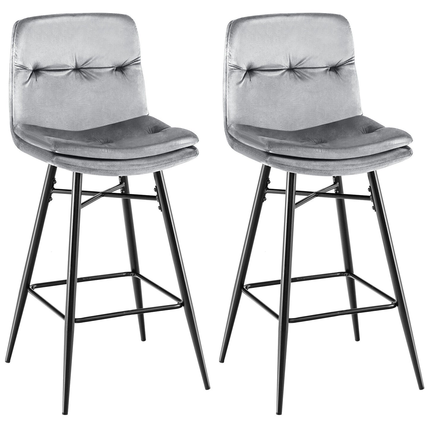 2 Velvet Bar Stools, 29 Inch, Tufted Back, Footrests, Gray Bar Stools Gray at Gallery Canada