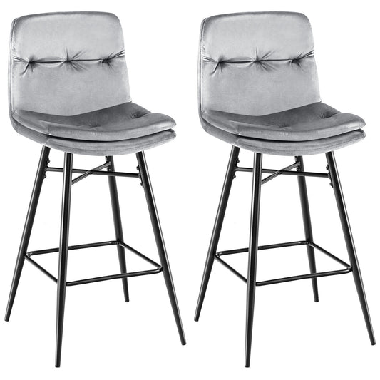 2 Velvet Bar Stools, 29 Inch, Tufted Back, Footrests, Gray