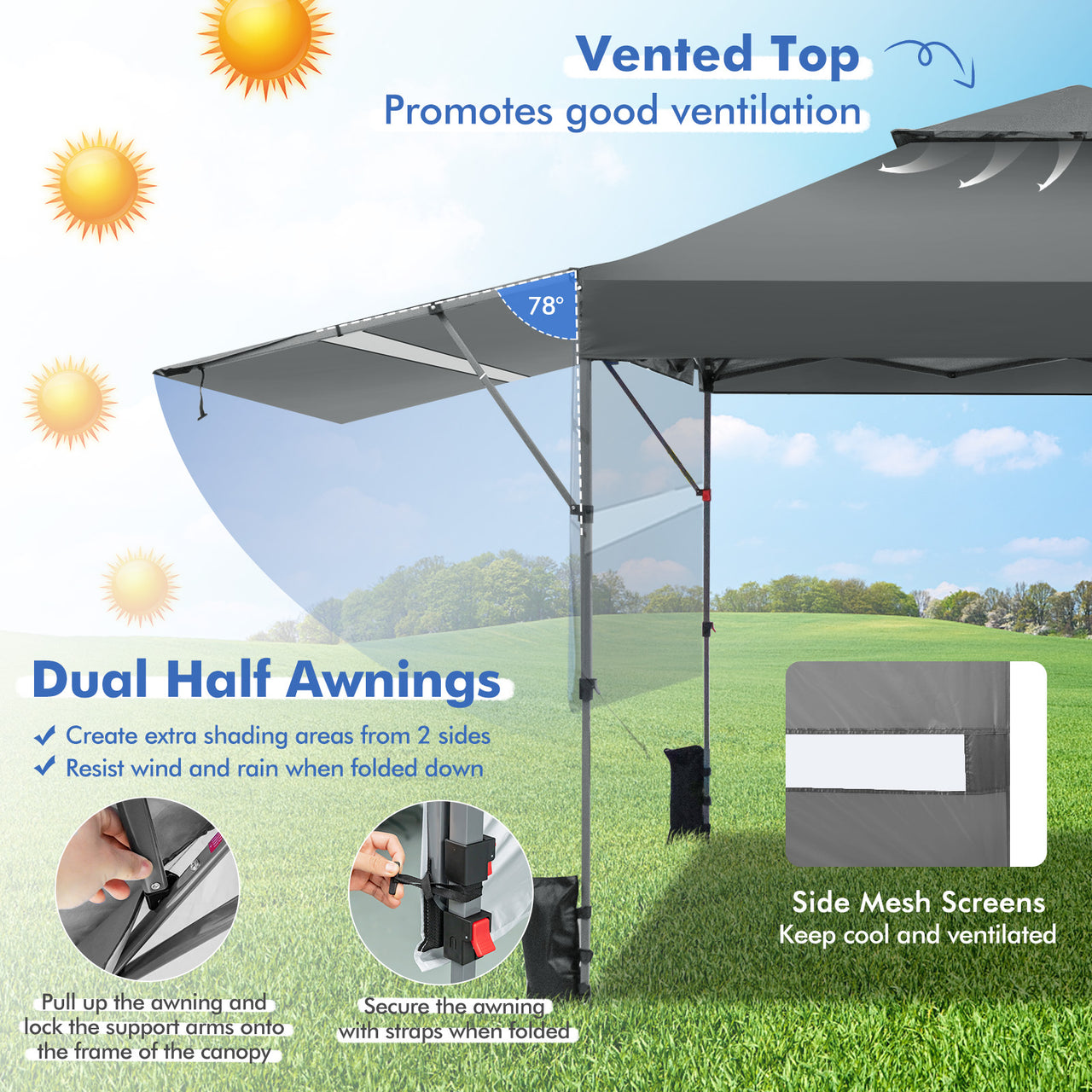 10 x 17.6 Feet Outdoor Instant Pop-up Canopy Tent with Dual Half Awnings - Gallery View 7 of 10