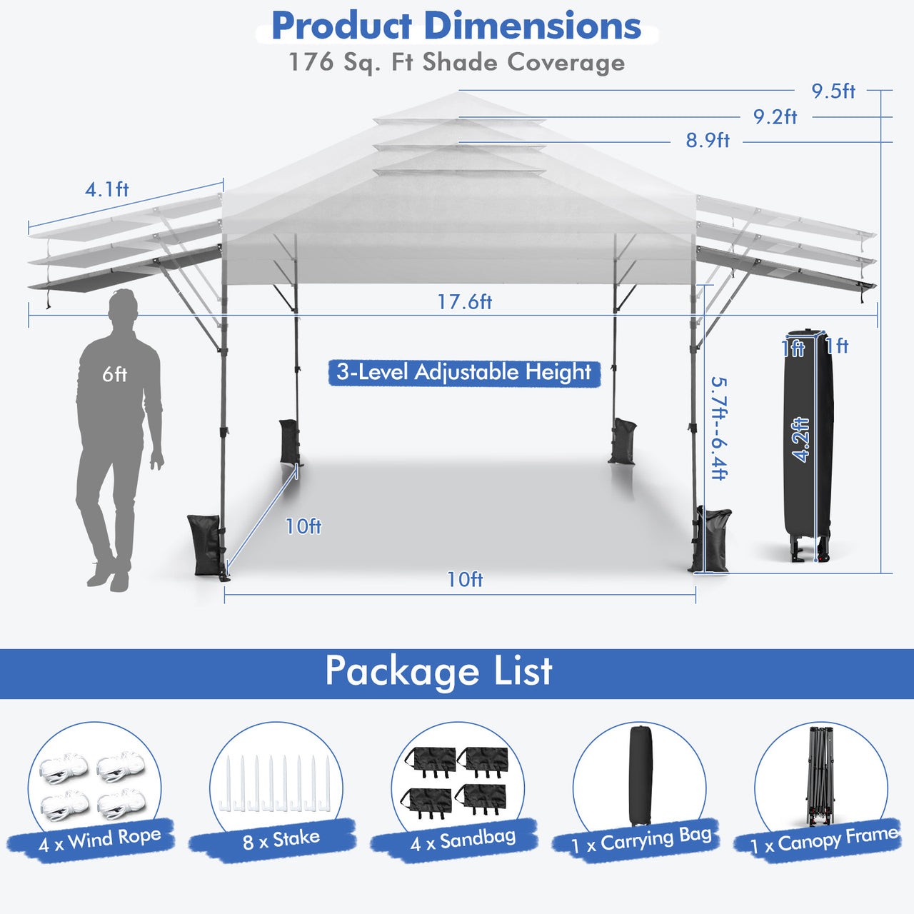 10 x 17.6 Feet Outdoor Instant Pop-up Canopy Tent with Dual Half Awnings - Gallery View 5 of 10