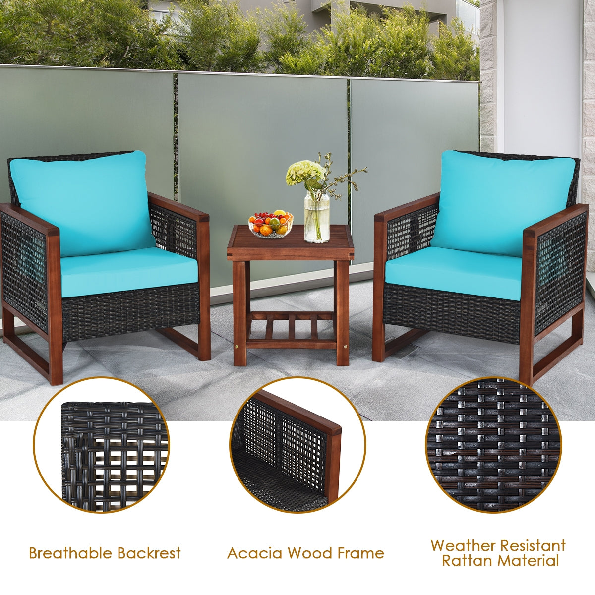 3 Pieces Acacia Wood Patio Furniture Set with Coffee Table, Turquoise Patio Conversation Sets at Gallery Canada