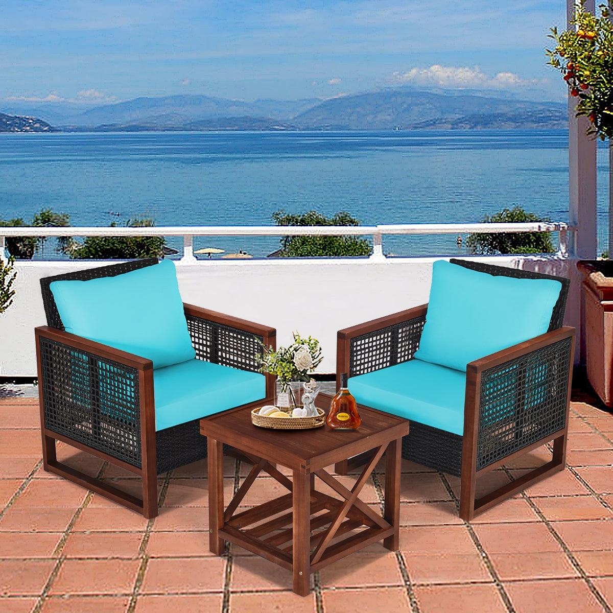 3 Pieces Acacia Wood Patio Furniture Set with Coffee Table, Turquoise Patio Conversation Sets at Gallery Canada