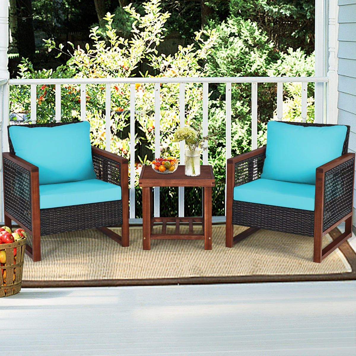 3 Pieces Acacia Wood Patio Furniture Set with Coffee Table, Turquoise Patio Conversation Sets at Gallery Canada