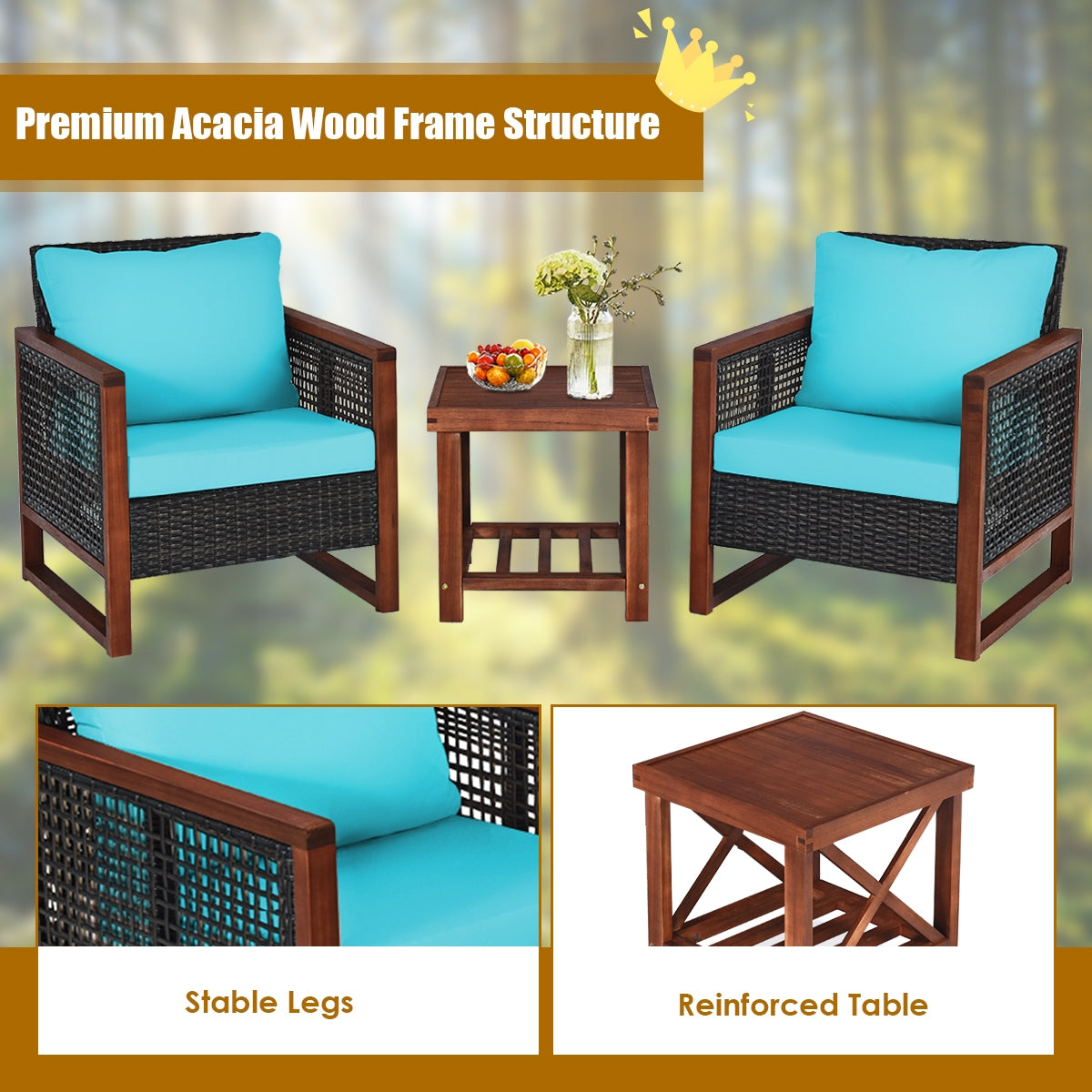 3 Pieces Acacia Wood Patio Furniture Set with Coffee Table, Turquoise Patio Conversation Sets at Gallery Canada