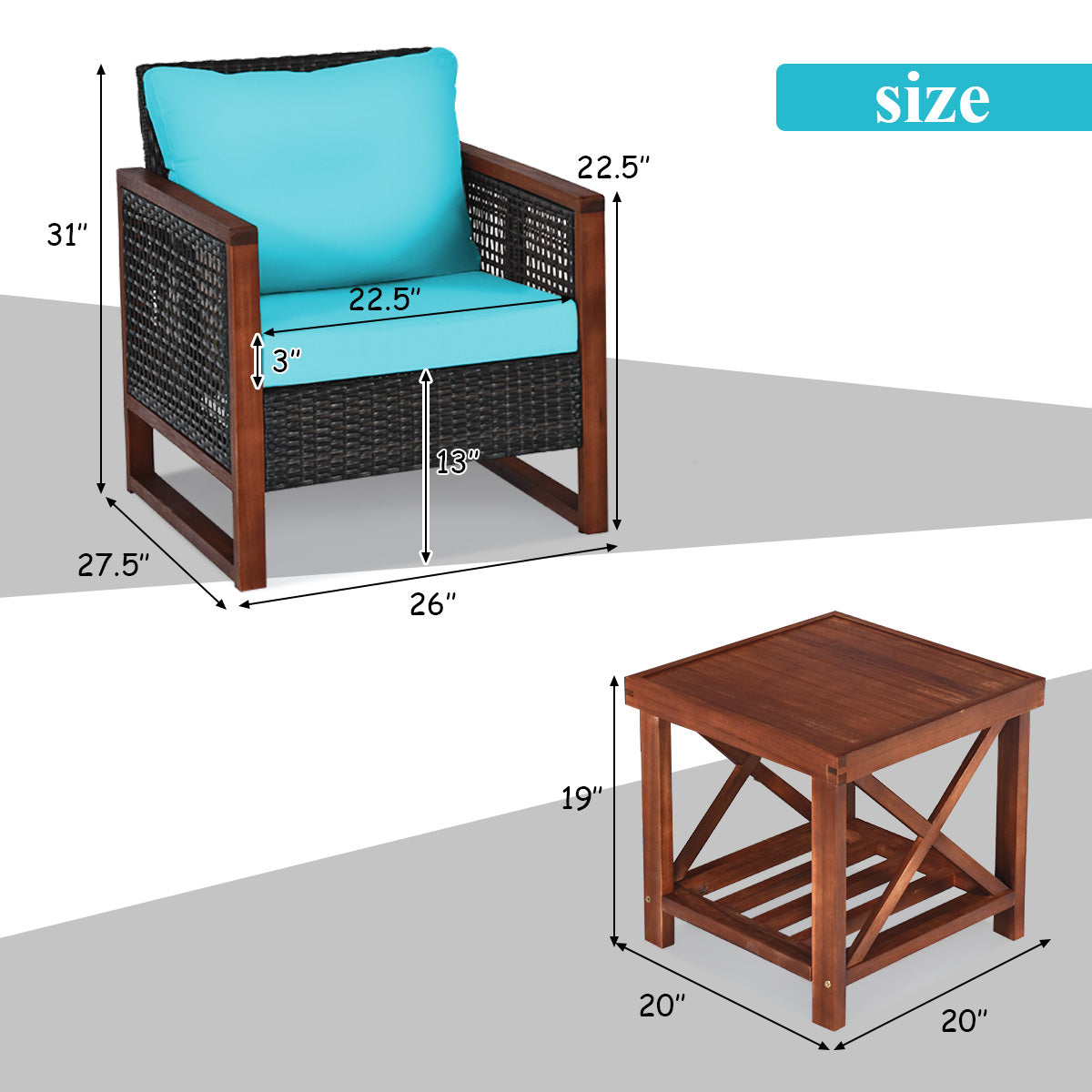 3 Pieces Acacia Wood Patio Furniture Set with Coffee Table, Turquoise Patio Conversation Sets at Gallery Canada