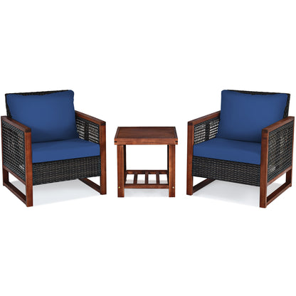 3 Pc Patio Wicker Sofa Set, Wooden Frame, Navy
