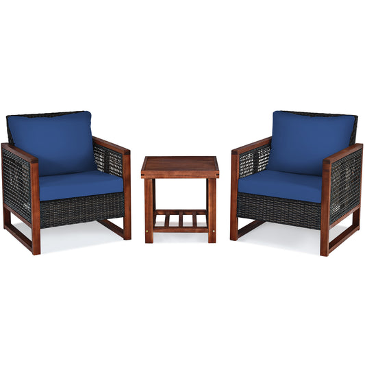 3 Pcs Patio Wicker Furniture Sofa Set with Wooden Frame and Cushion, Navy Patio Conversation Sets Navy at Gallery Canada