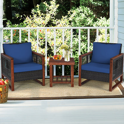 3 Pc Patio Wicker Sofa Set, Wooden Frame, Navy