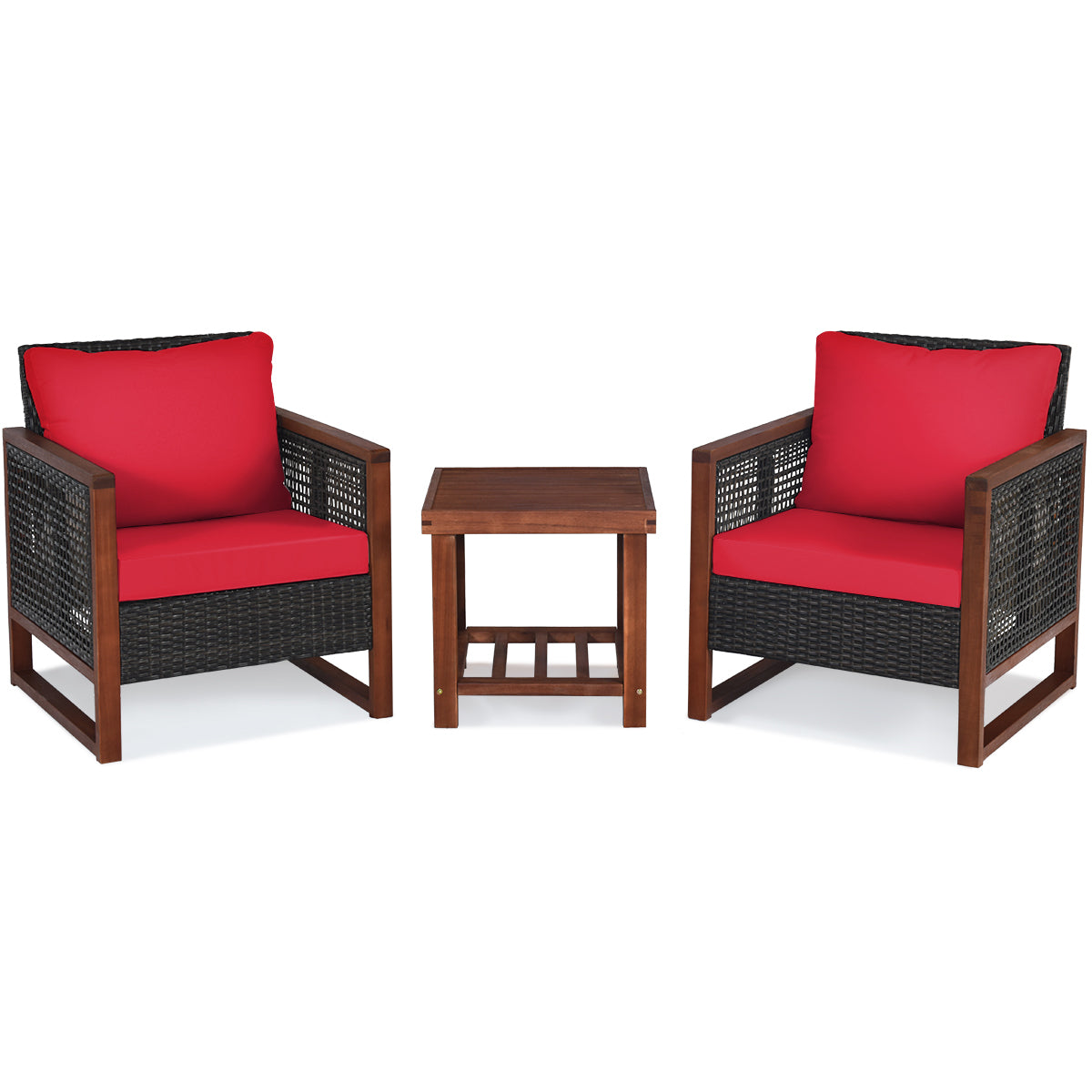 3 Pieces Acacia Wood Patio Furniture Set with Coffee Table, Red Patio Conversation Sets at Gallery Canada