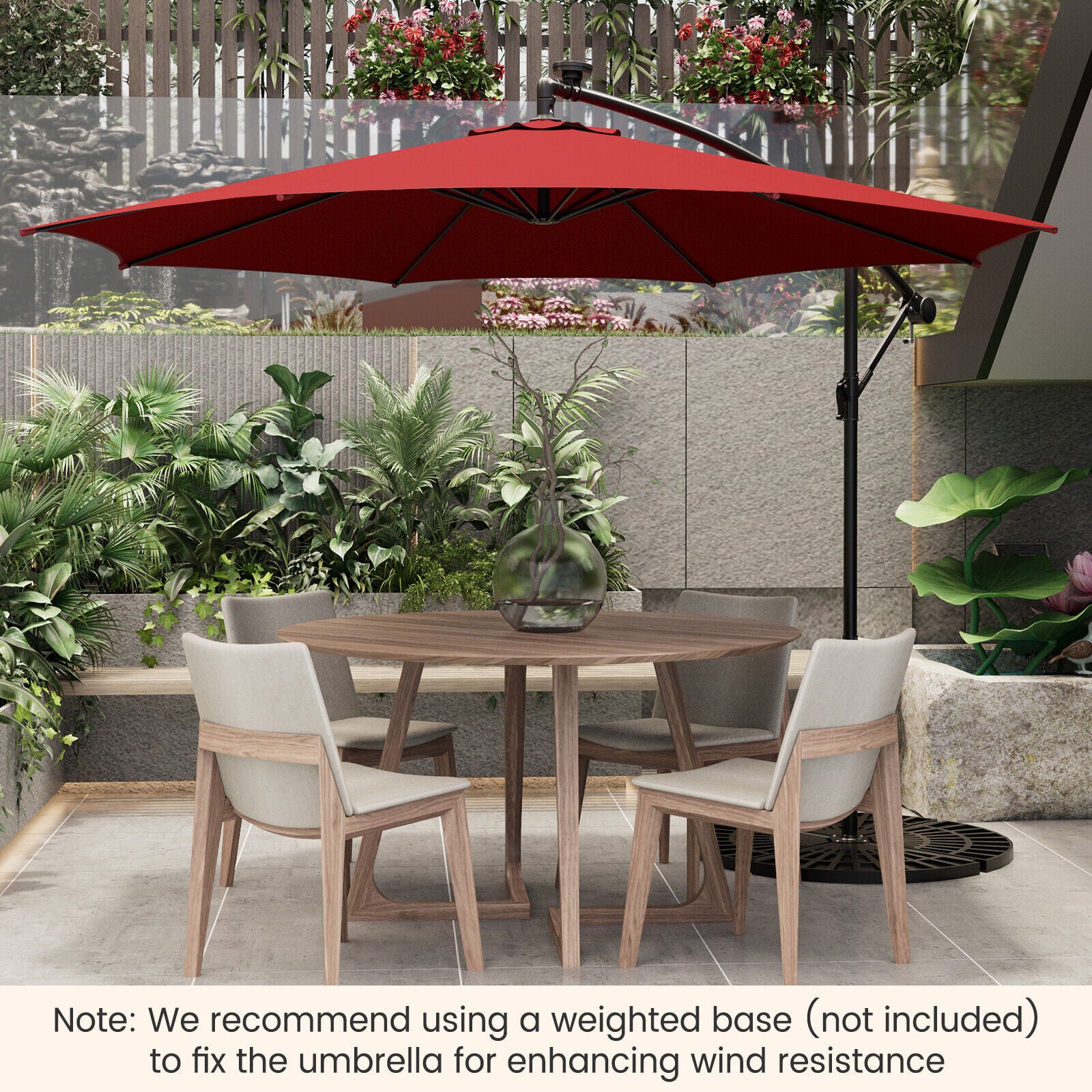 10 Feet Patio Offset Umbrella with 112 Solar-Powered LED Lights-Beige, Wine Outdoor Umbrellas at Gallery Canada