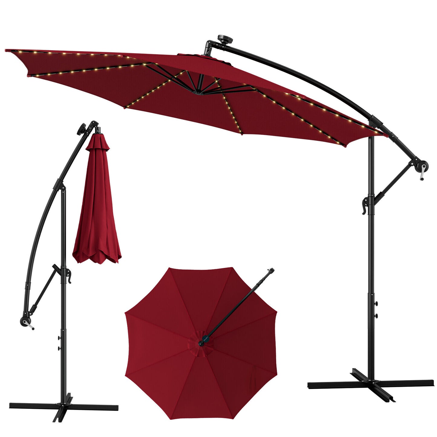 10 Feet Patio Offset Umbrella, 112 Solar LED Lights, Wine, Beige Outdoor Umbrellas at Gallery Canada