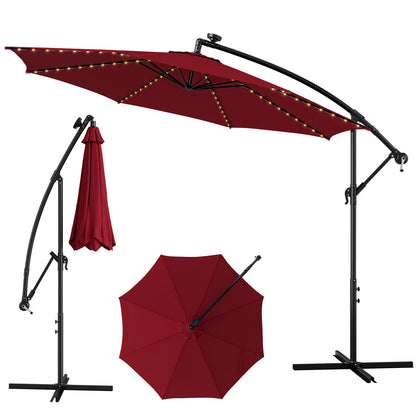 10 Feet Patio Offset Umbrella, 112 Solar LED Lights, Wine, Beige Outdoor Umbrellas at Gallery Canada
