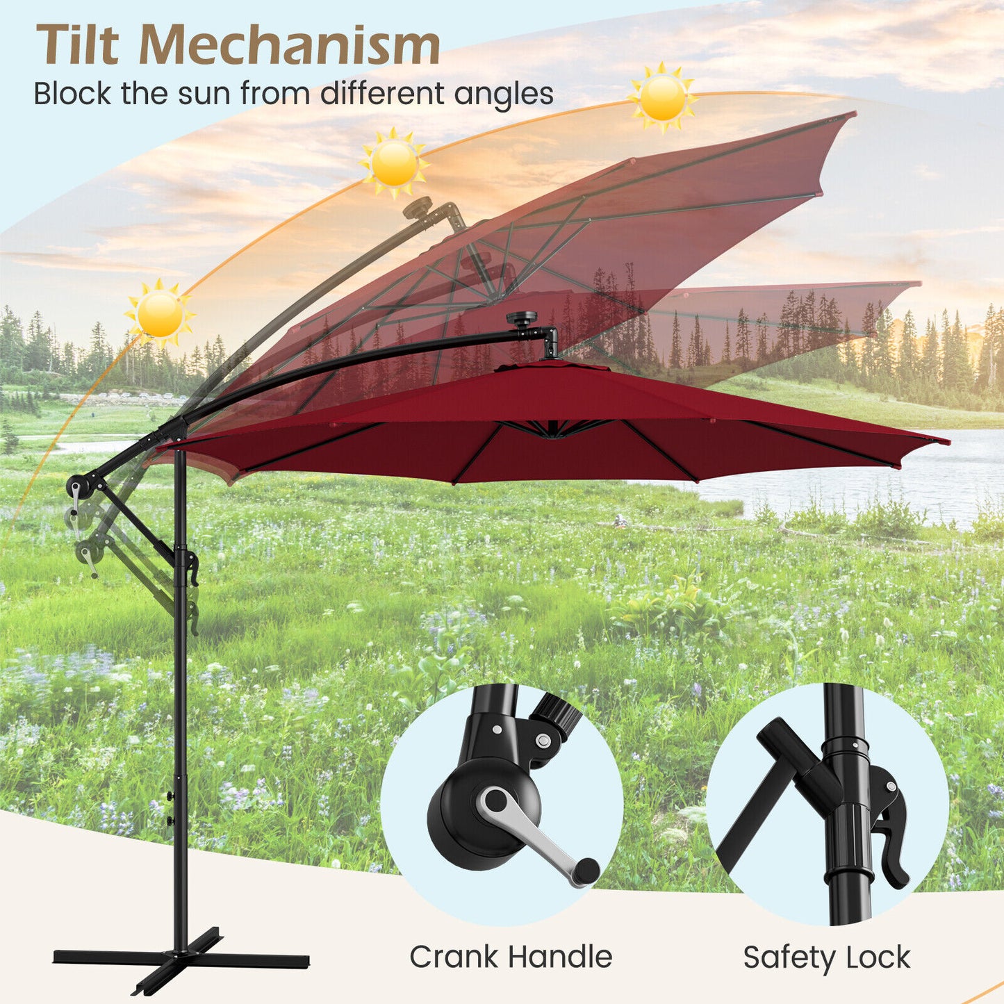 10 Feet Patio Offset Umbrella with 112 Solar-Powered LED Lights-Beige, Wine Outdoor Umbrellas at Gallery Canada