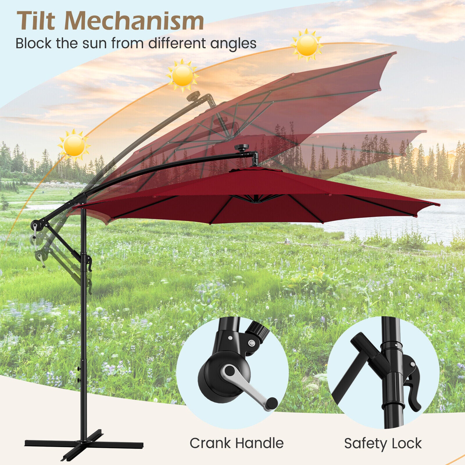 10 Feet Patio Offset Umbrella with 112 Solar-Powered LED Lights-Beige, Wine Outdoor Umbrellas at Gallery Canada