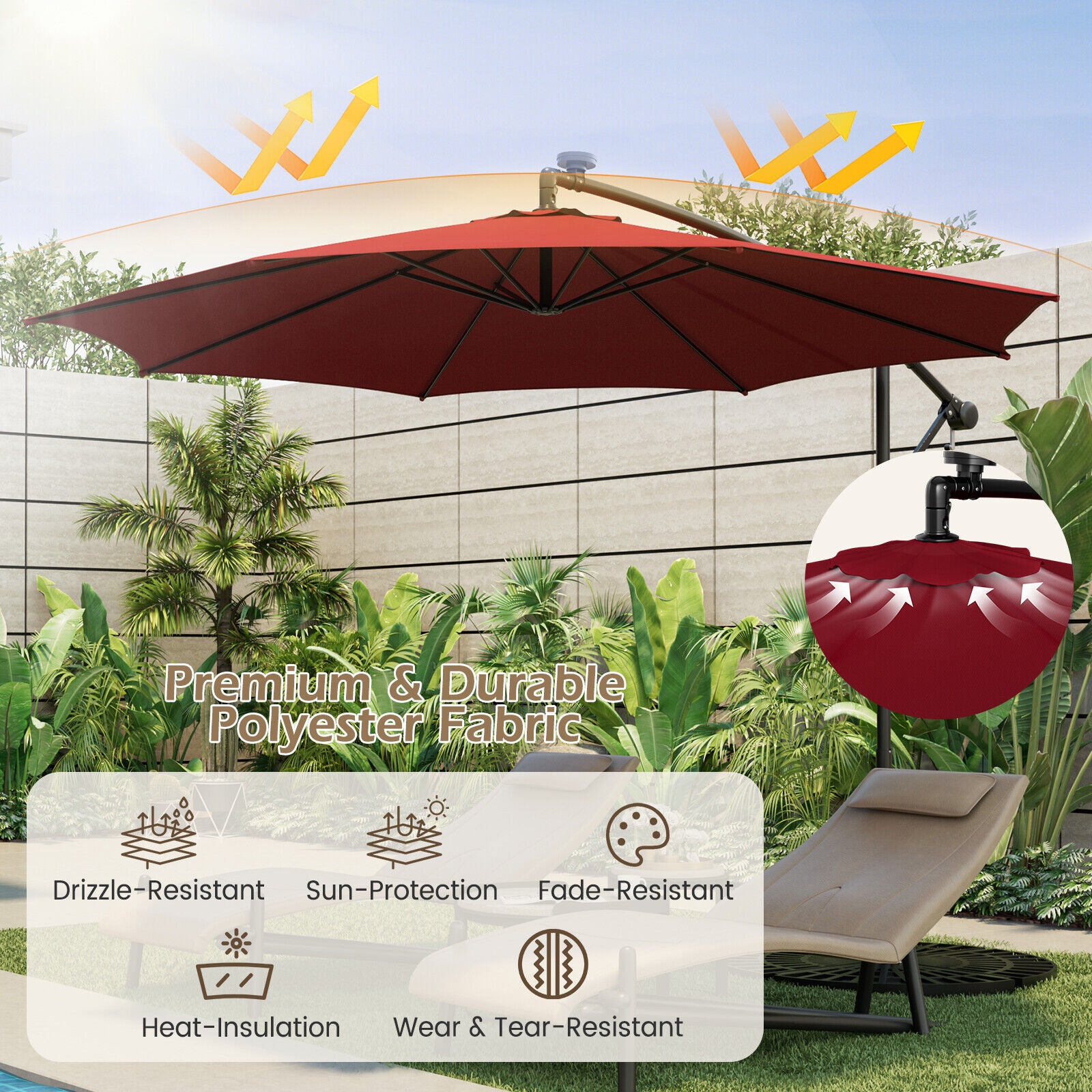 10 Feet Patio Offset Umbrella with 112 Solar-Powered LED Lights-Beige, Wine Outdoor Umbrellas at Gallery Canada