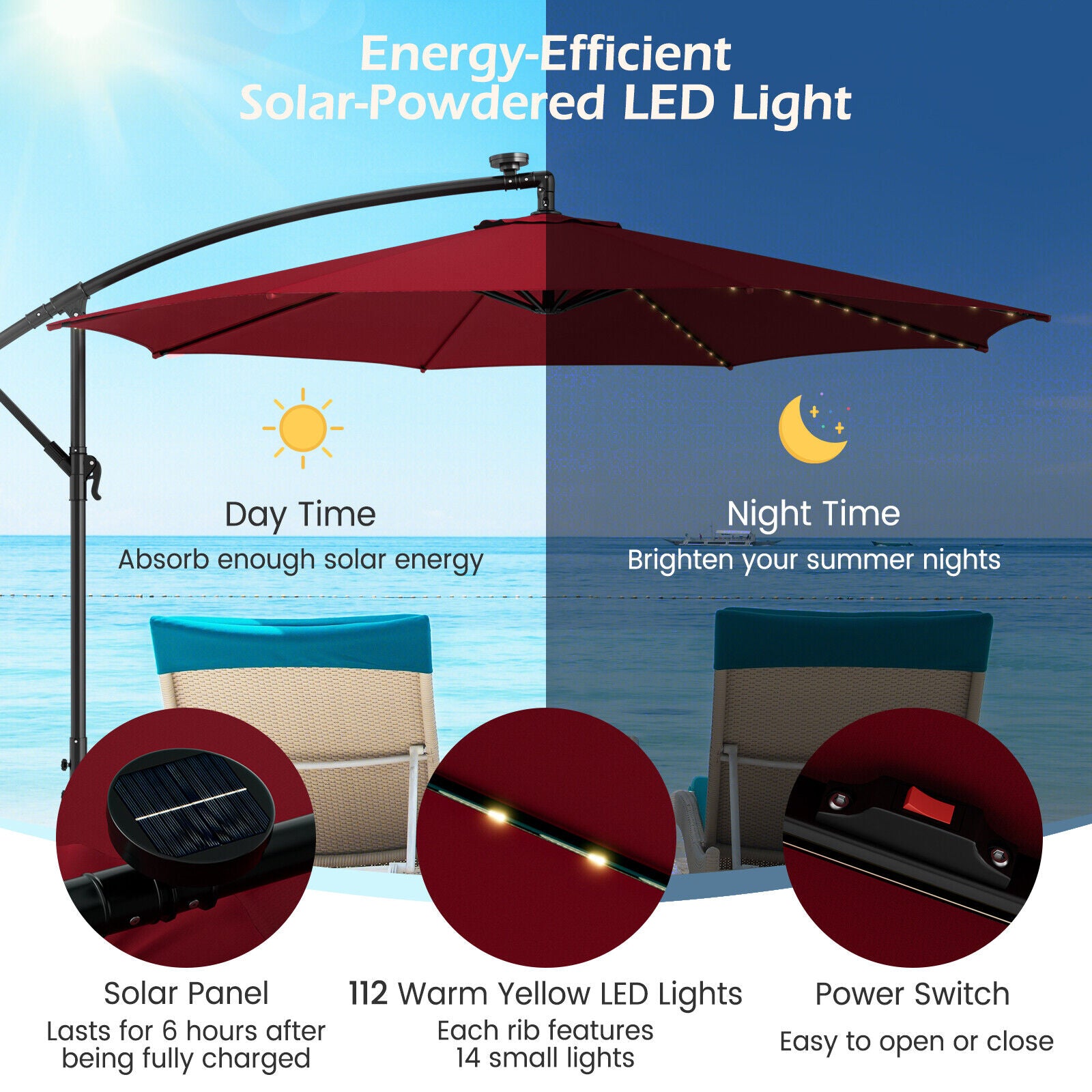 10 Feet Patio Offset Umbrella with 112 Solar-Powered LED Lights-Beige, Wine Outdoor Umbrellas at Gallery Canada
