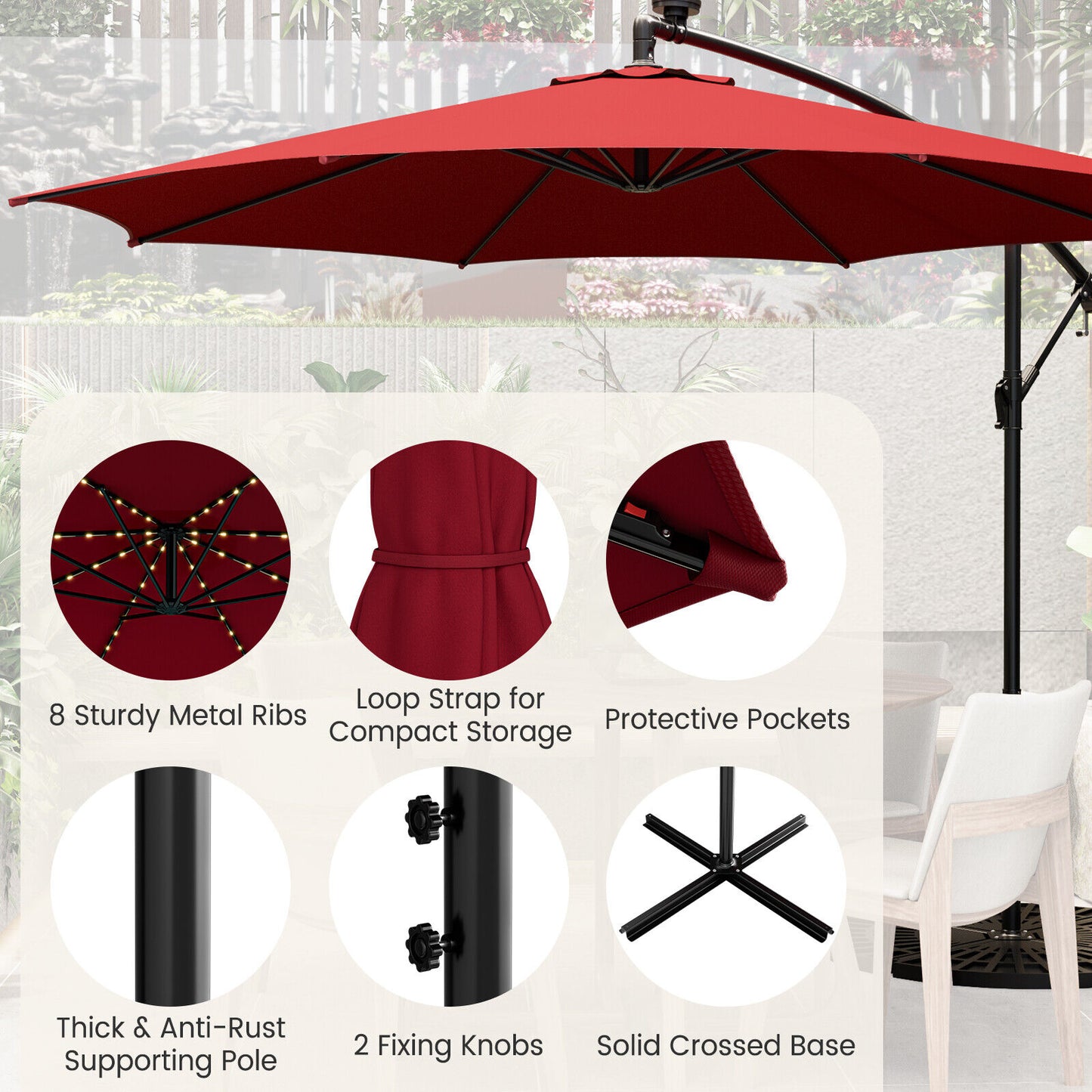10 Feet Patio Offset Umbrella with 112 Solar-Powered LED Lights-Beige, Wine Outdoor Umbrellas at Gallery Canada