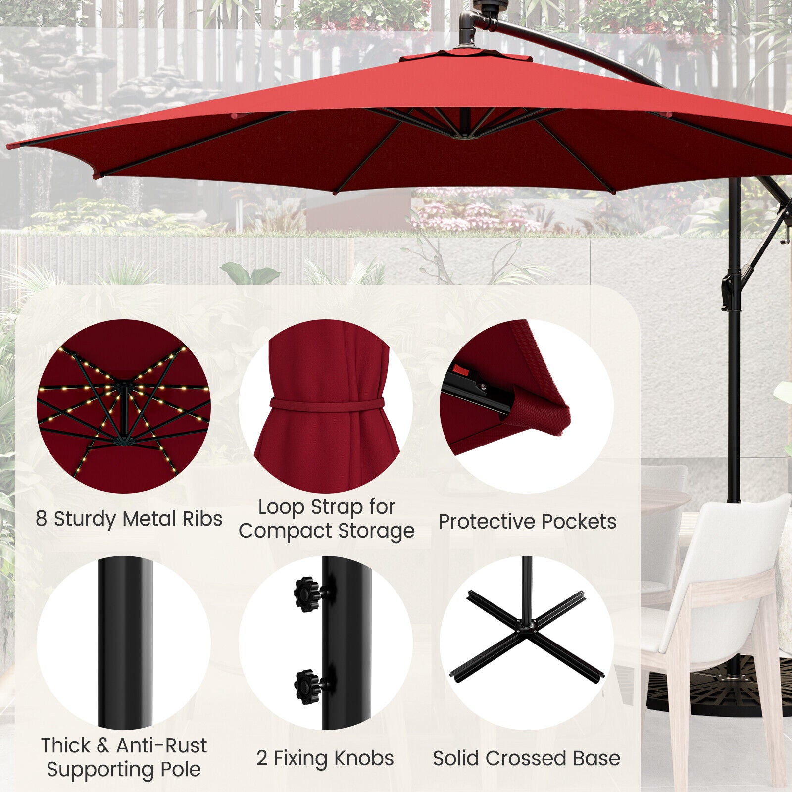 10 Feet Patio Offset Umbrella with 112 Solar-Powered LED Lights-Beige, Wine Outdoor Umbrellas at Gallery Canada