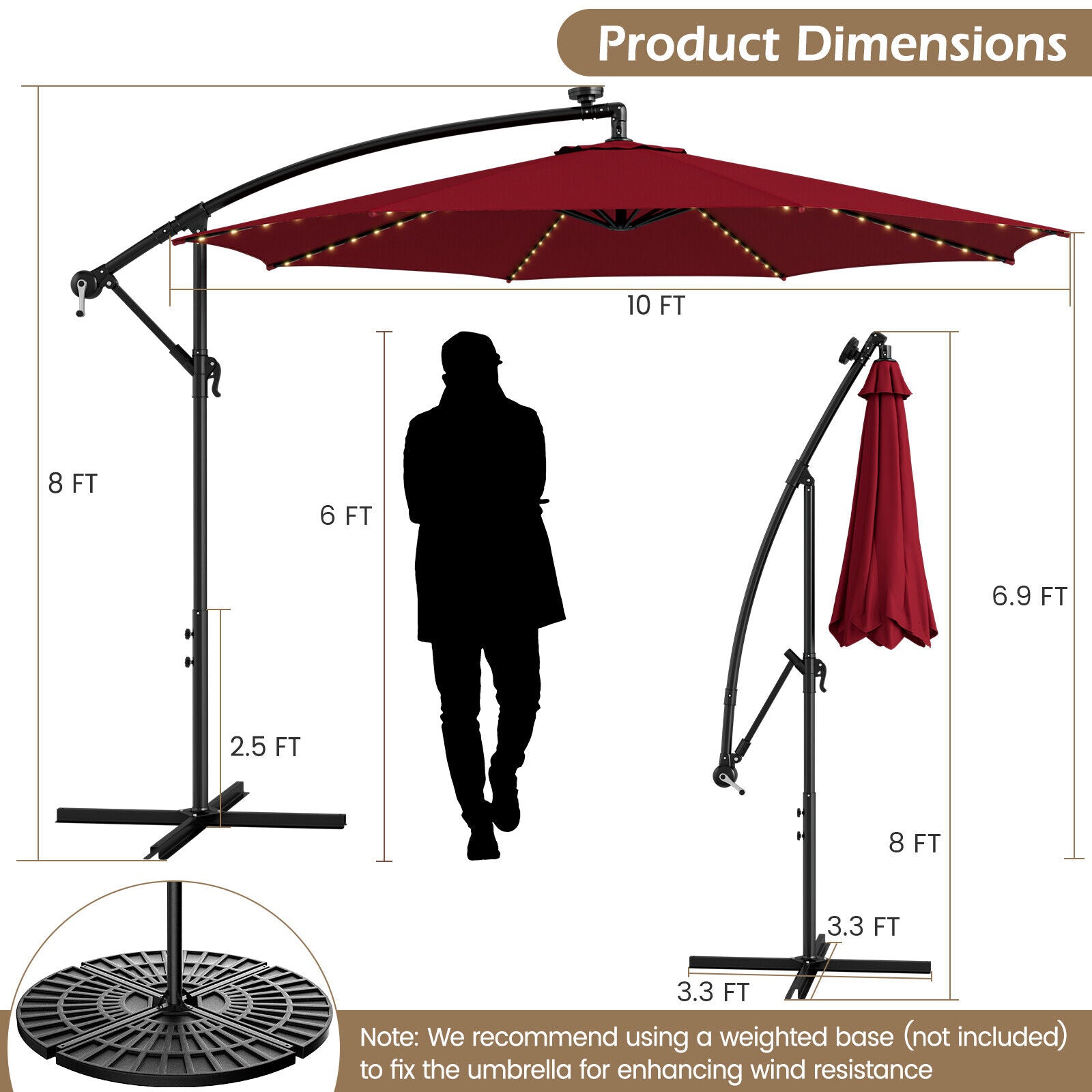 10 Feet Patio Offset Umbrella with 112 Solar-Powered LED Lights-Beige, Wine Outdoor Umbrellas at Gallery Canada