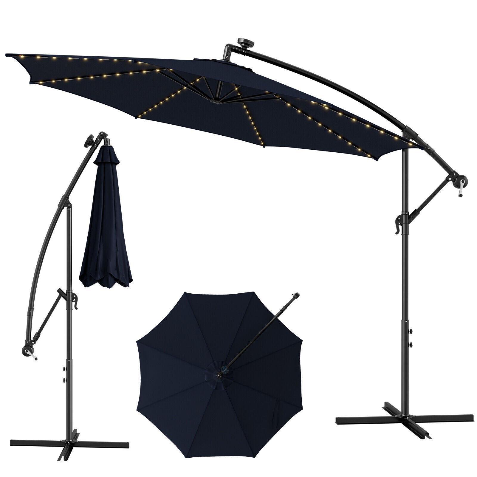 10 Feet Patio Offset Umbrella, 112 Solar LED Lights, Navy, Beige Outdoor Umbrellas Navy at Gallery Canada