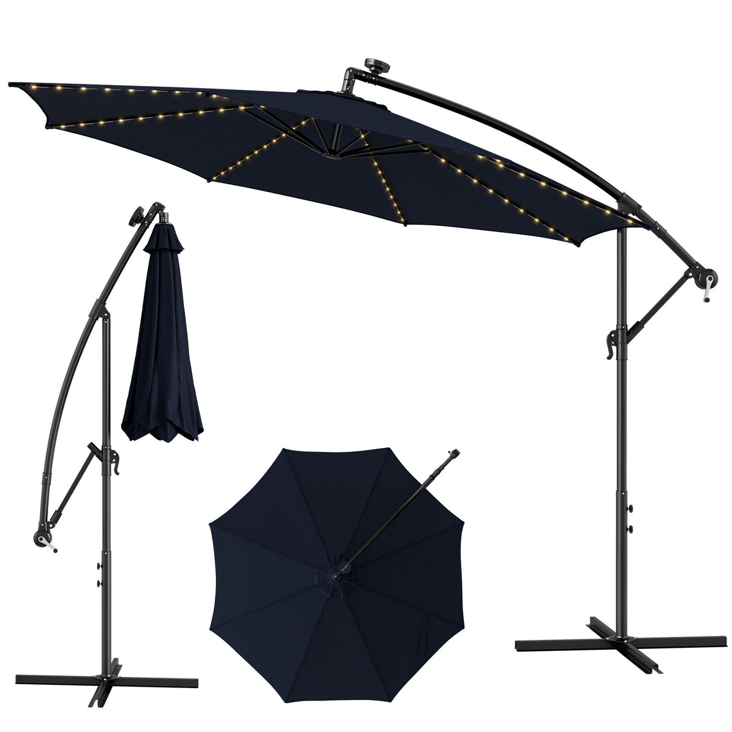 10 Feet Patio Offset Umbrella, 112 Solar LED Lights, Navy, Beige Outdoor Umbrellas Navy at Gallery Canada