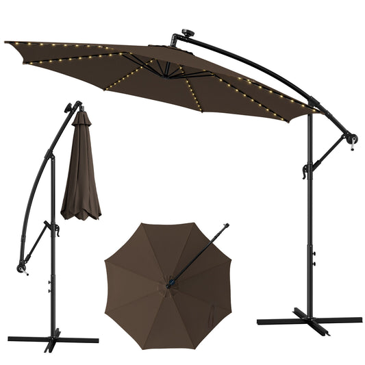 10 Feet Patio Offset Umbrella, 112 Solar LED Lights, Coffee, Beige Outdoor Umbrellas Coffee at Gallery Canada