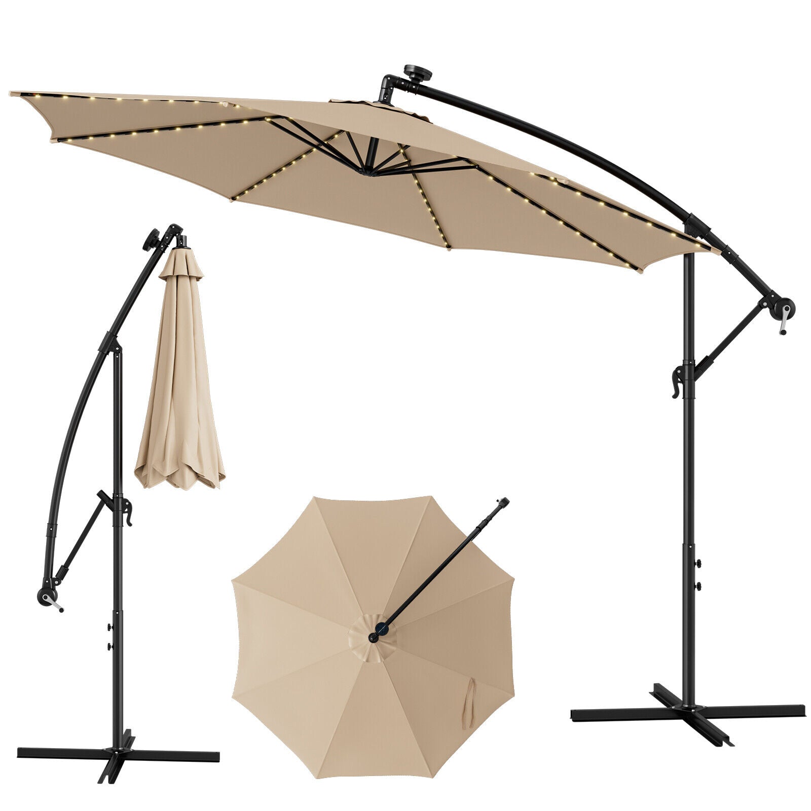 10 Feet Patio Offset Umbrella, 112 Solar LED Lights, Beige Outdoor Umbrellas at Gallery Canada