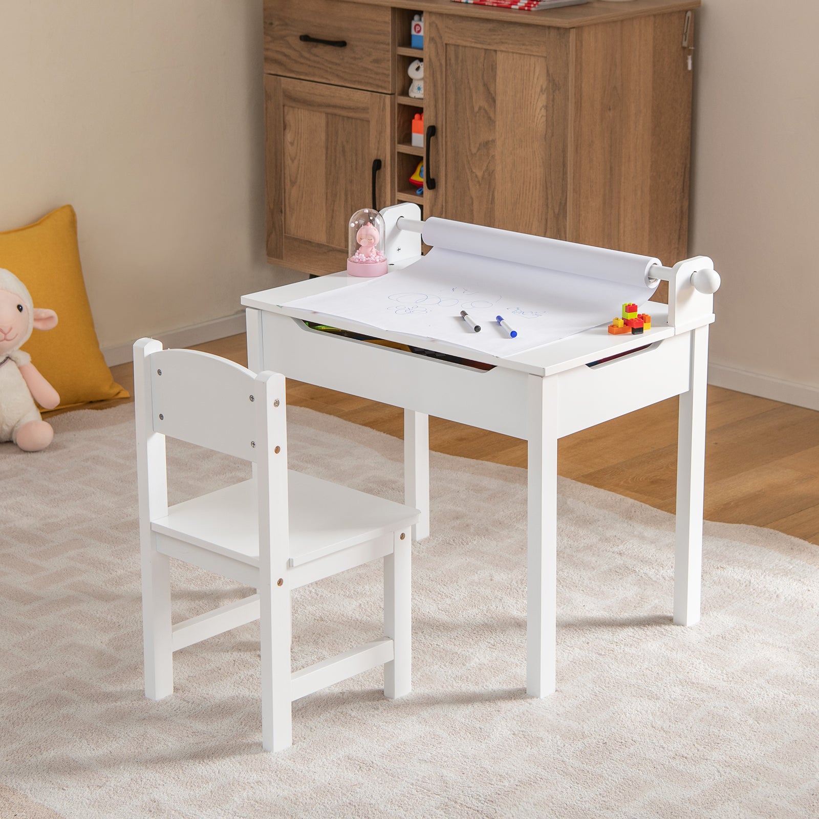 Wooden Kids Table and Chair Set with Storage and Paper Roll Holder, White Kids Table & Chair Sets at Gallery Canada