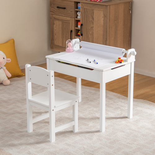 Wooden Kids Table and Chair Set with Storage and Paper Roll Holder, White