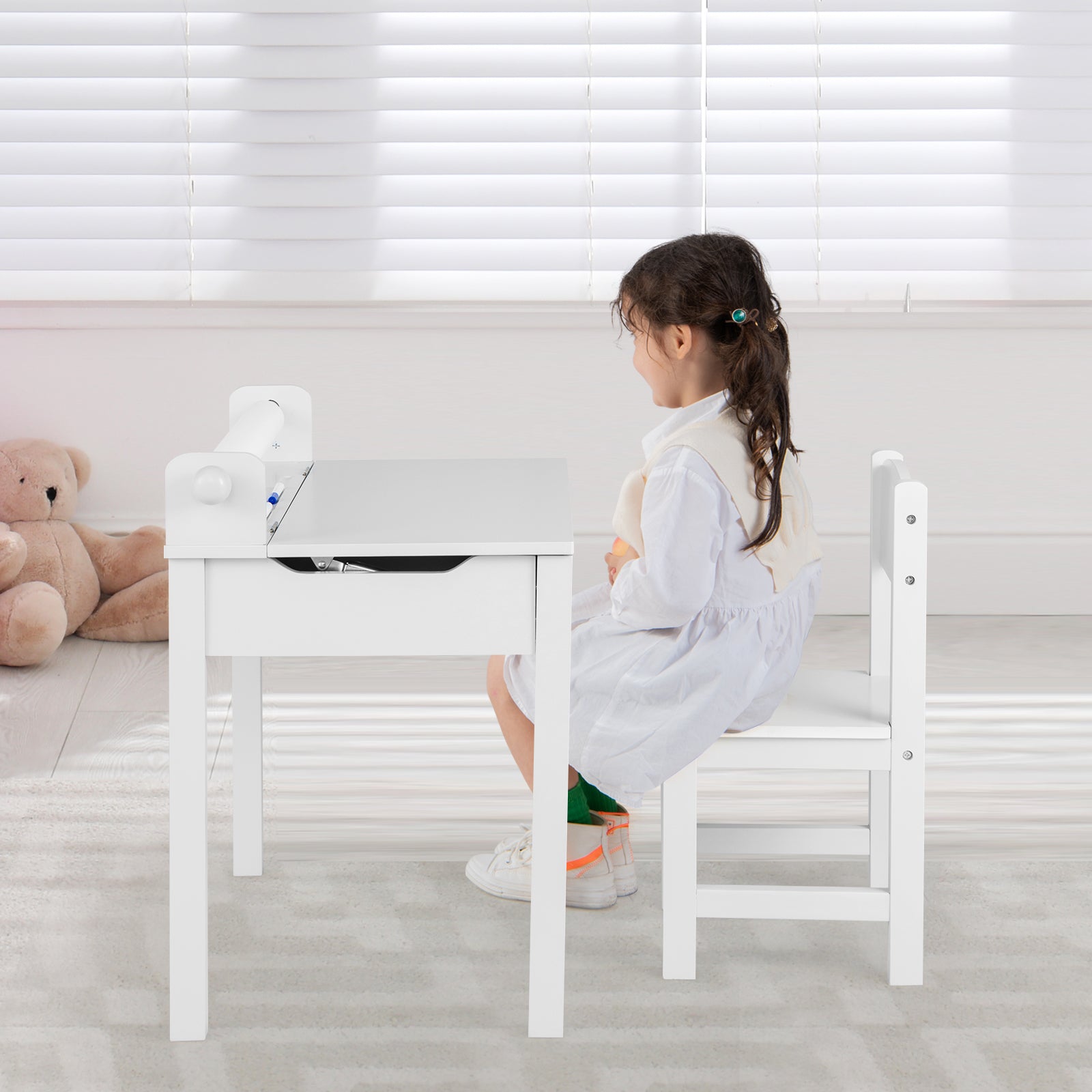 Wooden Kids Table and Chair Set with Storage and Paper Roll Holder, White Kids Table & Chair Sets at Gallery Canada