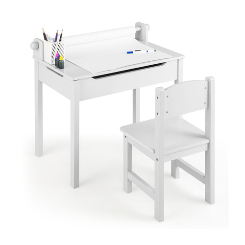 Wooden Kids Table and Chair Set with Storage and Paper Roll Holder, White