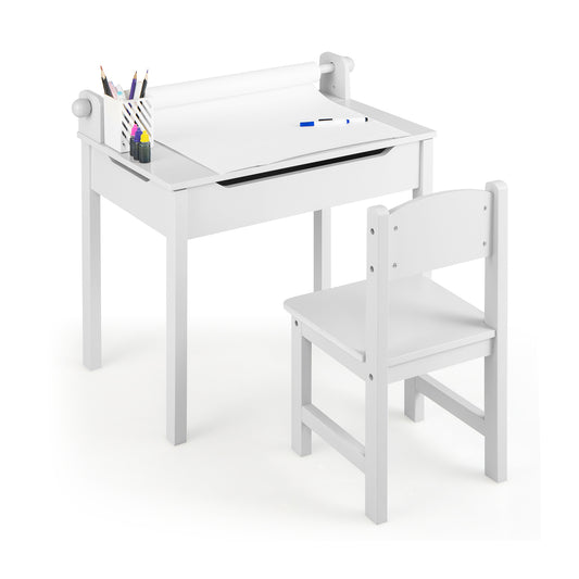 Wooden Kids Table and Chair Set with Storage and Paper Roll Holder, White Kids Table & Chair Sets White at Gallery Canada