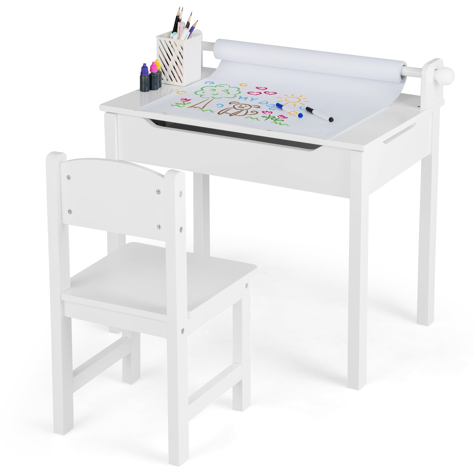 Wooden Kids Table and Chair Set with Storage and Paper Roll Holder, White Kids Table & Chair Sets at Gallery Canada