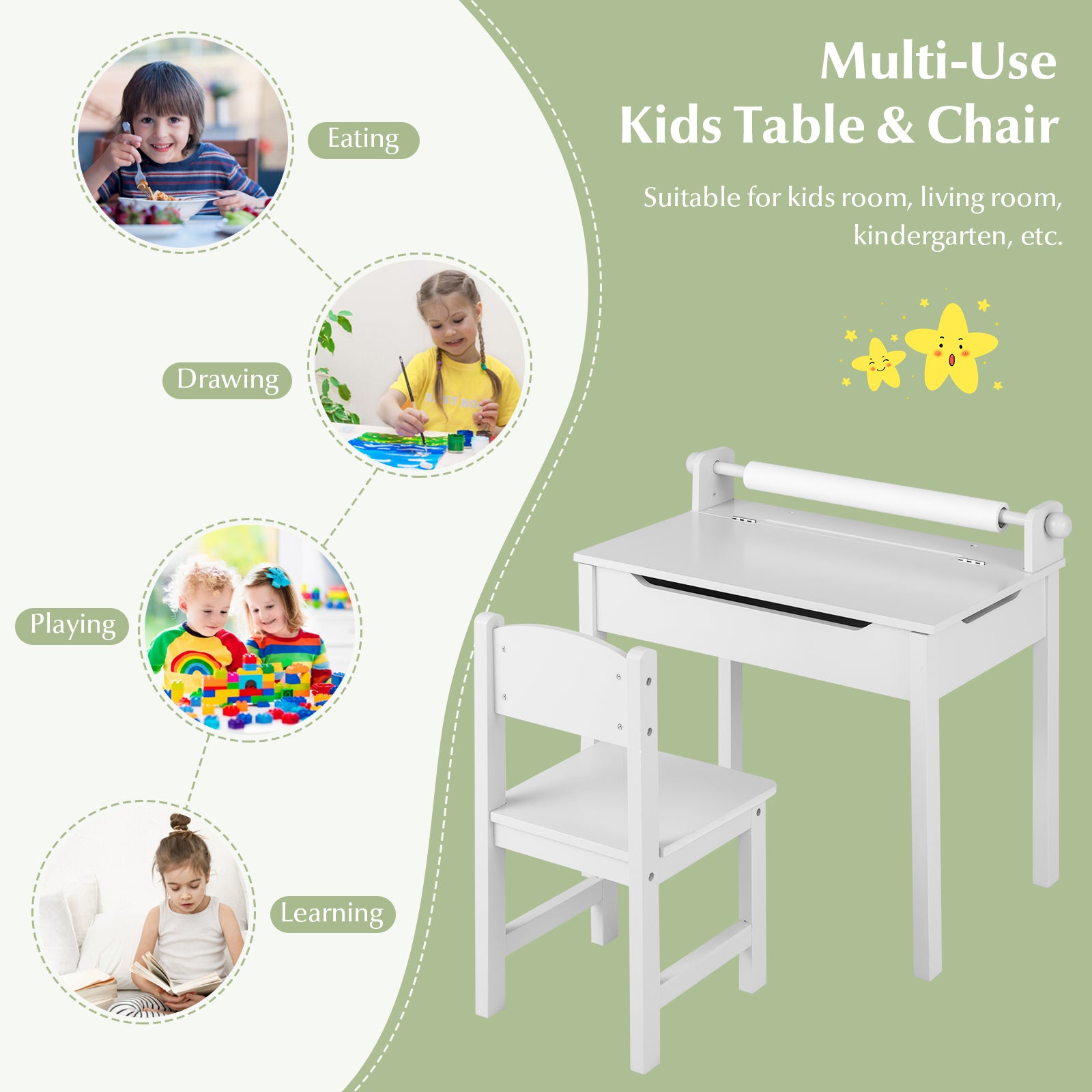 Wooden Kids Table and Chair Set with Storage and Paper Roll Holder, White Kids Table & Chair Sets at Gallery Canada