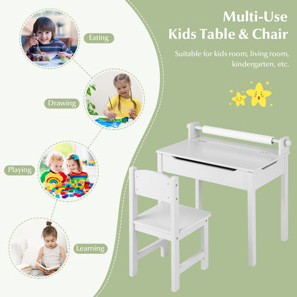 Wooden Kids Table and Chair Set with Storage and Paper Roll Holder, White Kids Table & Chair Sets at Gallery Canada