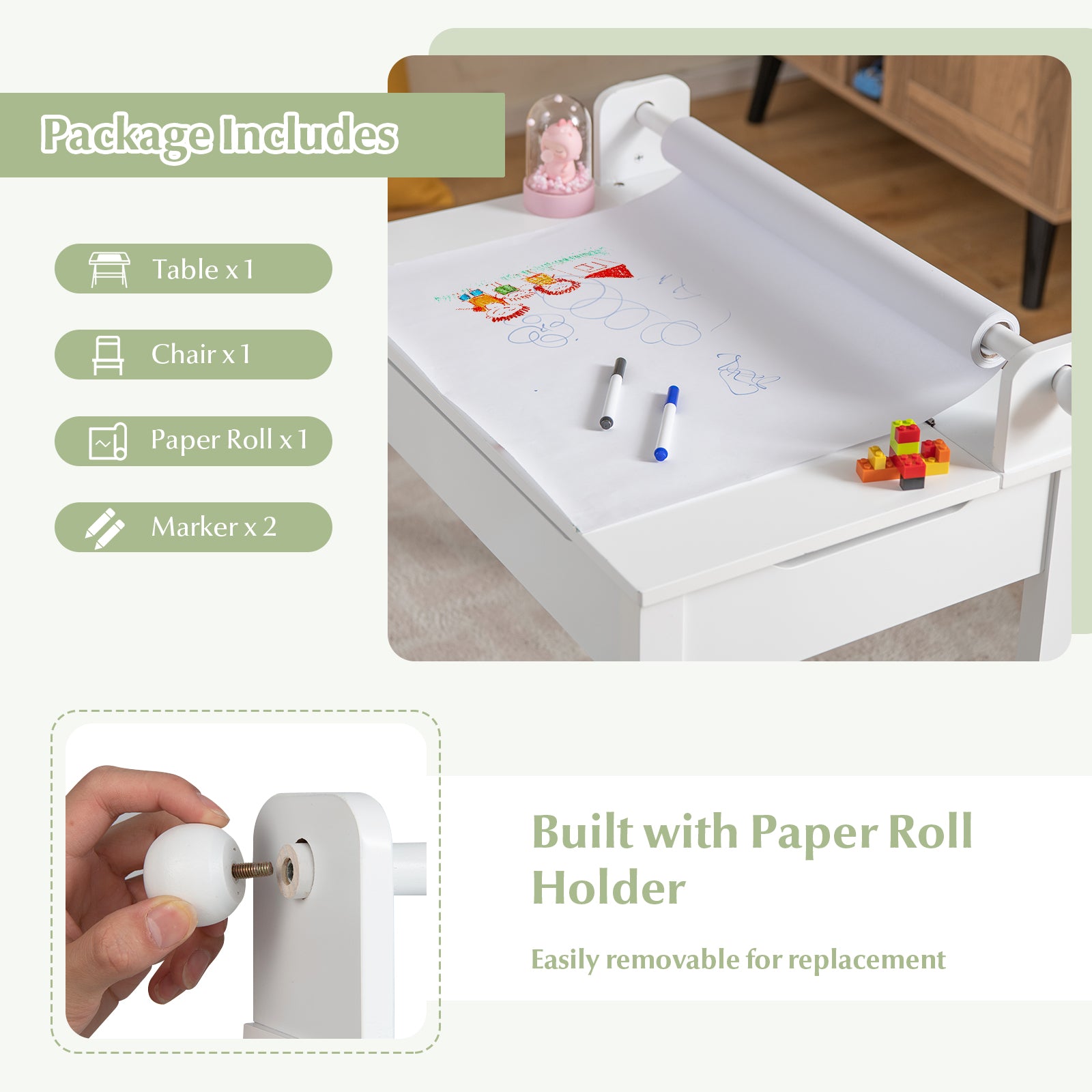 Wooden Kids Table and Chair Set with Storage and Paper Roll Holder, White Kids Table & Chair Sets at Gallery Canada