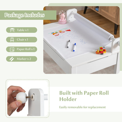 Wooden Kids Table and Chair Set with Storage and Paper Roll Holder, White Kids Table & Chair Sets at Gallery Canada