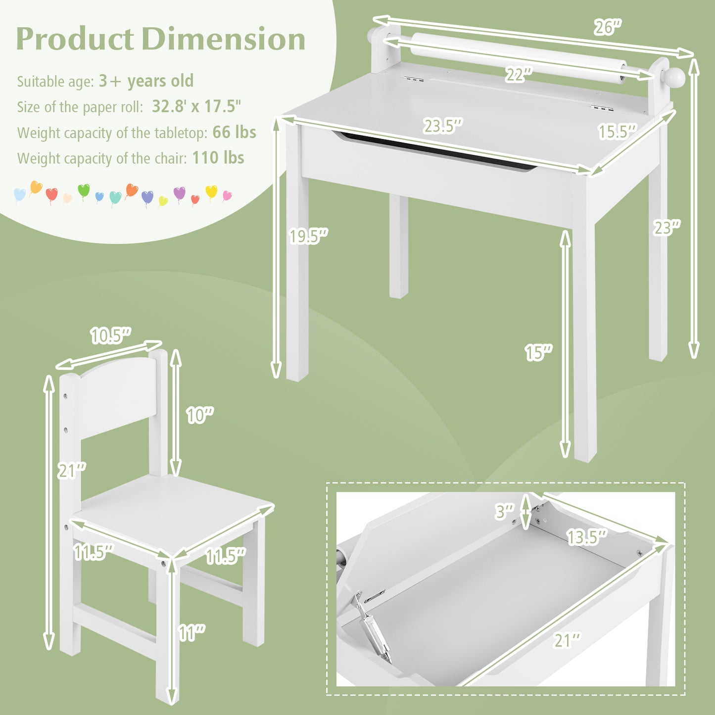 Wooden Kids Table and Chair Set with Storage and Paper Roll Holder, White Kids Table & Chair Sets at Gallery Canada