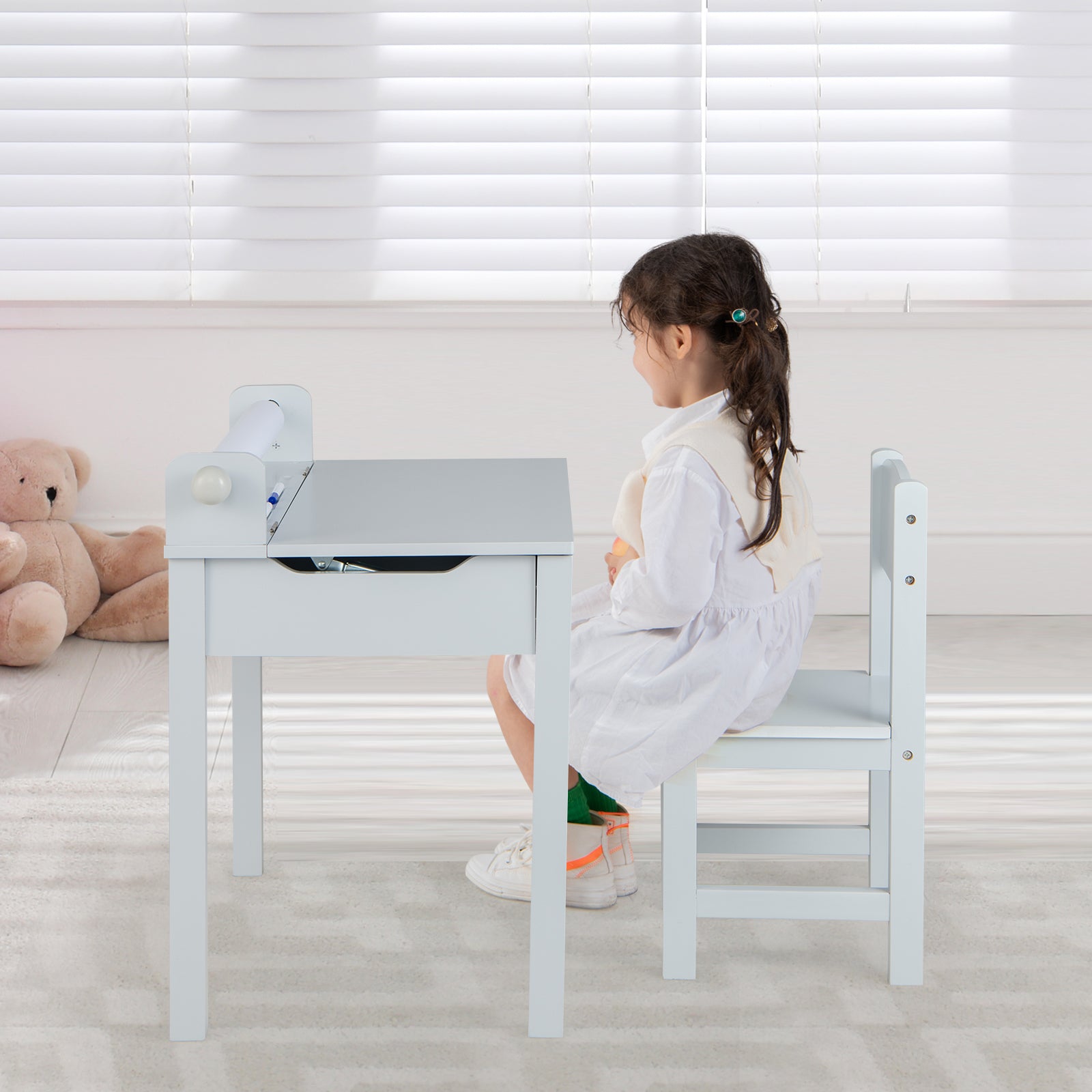 Wooden Kids Table and Chair Set with Storage and Paper Roll Holder, Gray Kids Table & Chair Sets at Gallery Canada