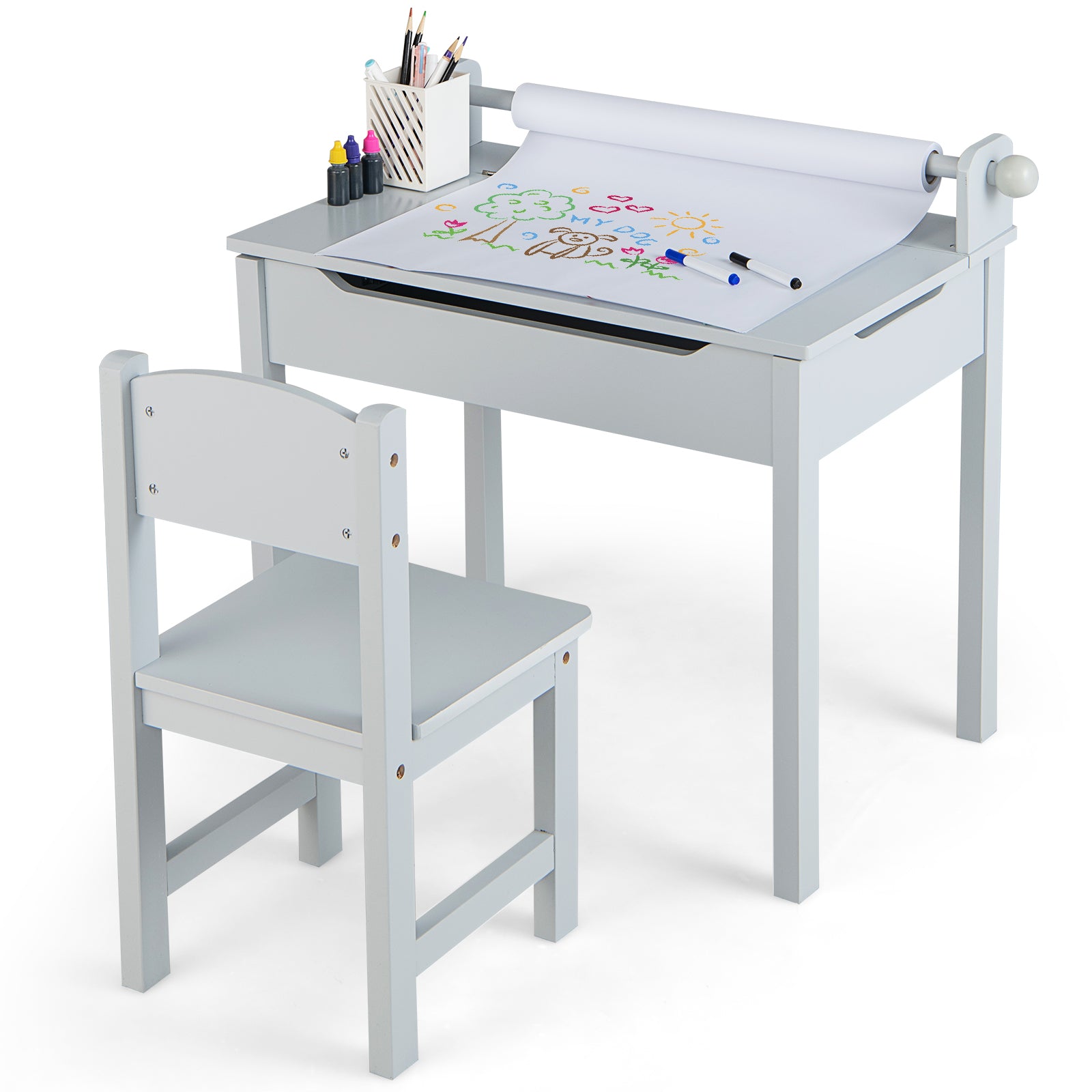 Wooden Kids Table and Chair Set with Storage and Paper Roll Holder, Gray Kids Table & Chair Sets at Gallery Canada