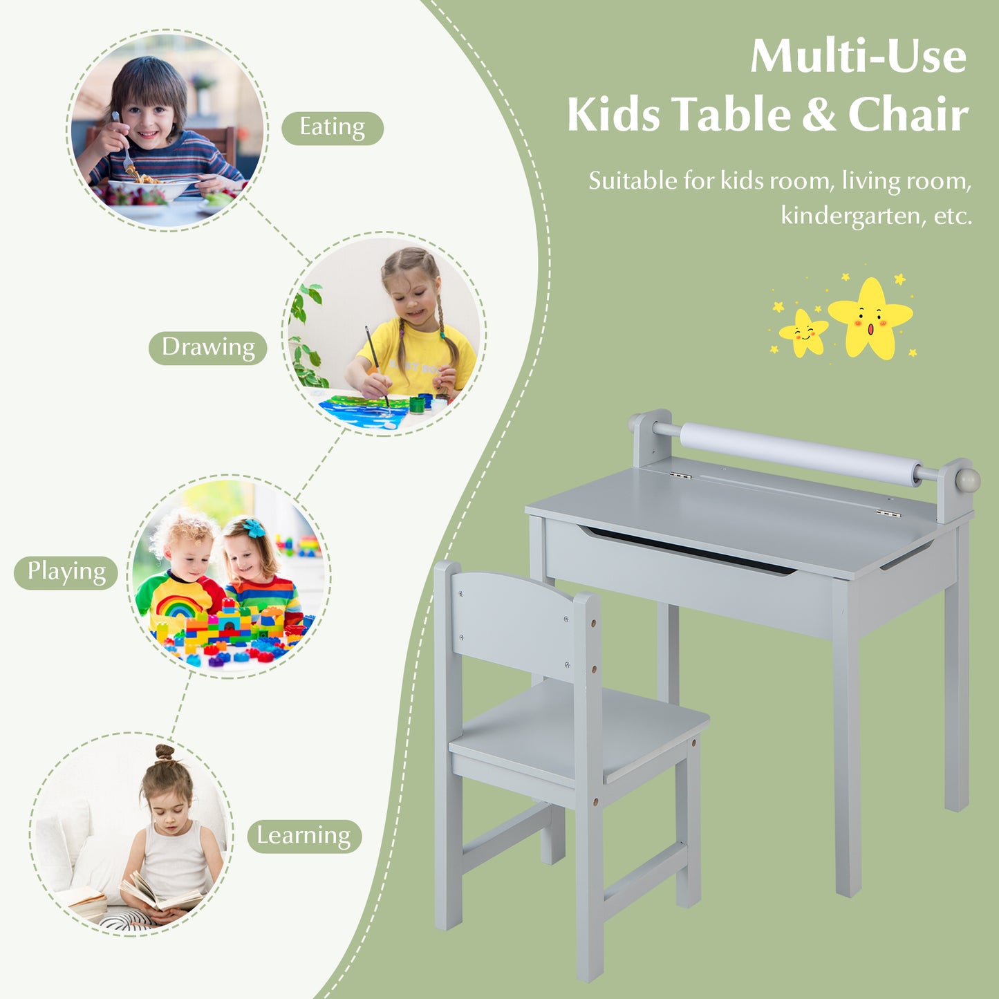 Wooden Kids Table and Chair Set with Storage and Paper Roll Holder, Gray Kids Table & Chair Sets at Gallery Canada