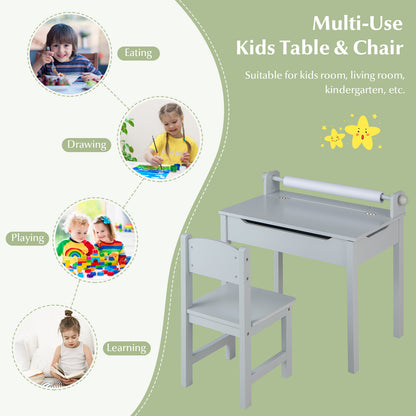 Wooden Kids Table and Chair Set with Storage and Paper Roll Holder, Gray Kids Table & Chair Sets at Gallery Canada