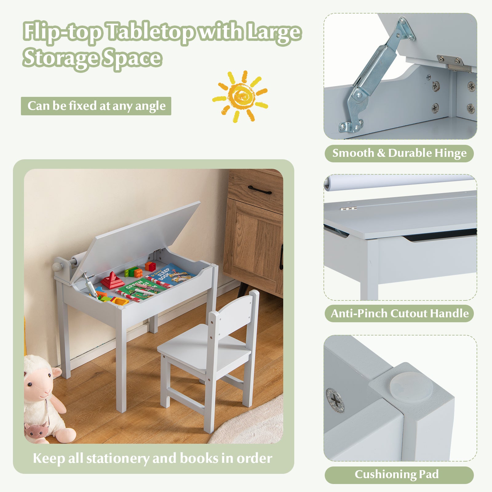 Wooden Kids Table and Chair Set with Storage and Paper Roll Holder, Gray Kids Table & Chair Sets at Gallery Canada