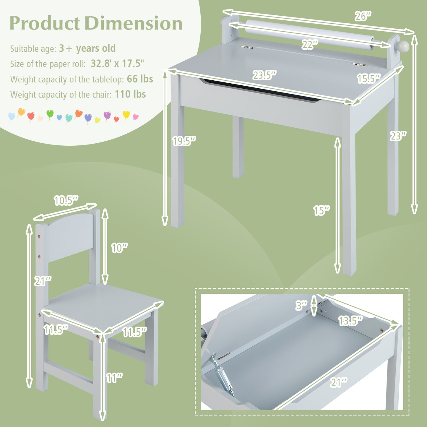 Wooden Kids Table and Chair Set with Storage and Paper Roll Holder, Gray Kids Table & Chair Sets at Gallery Canada