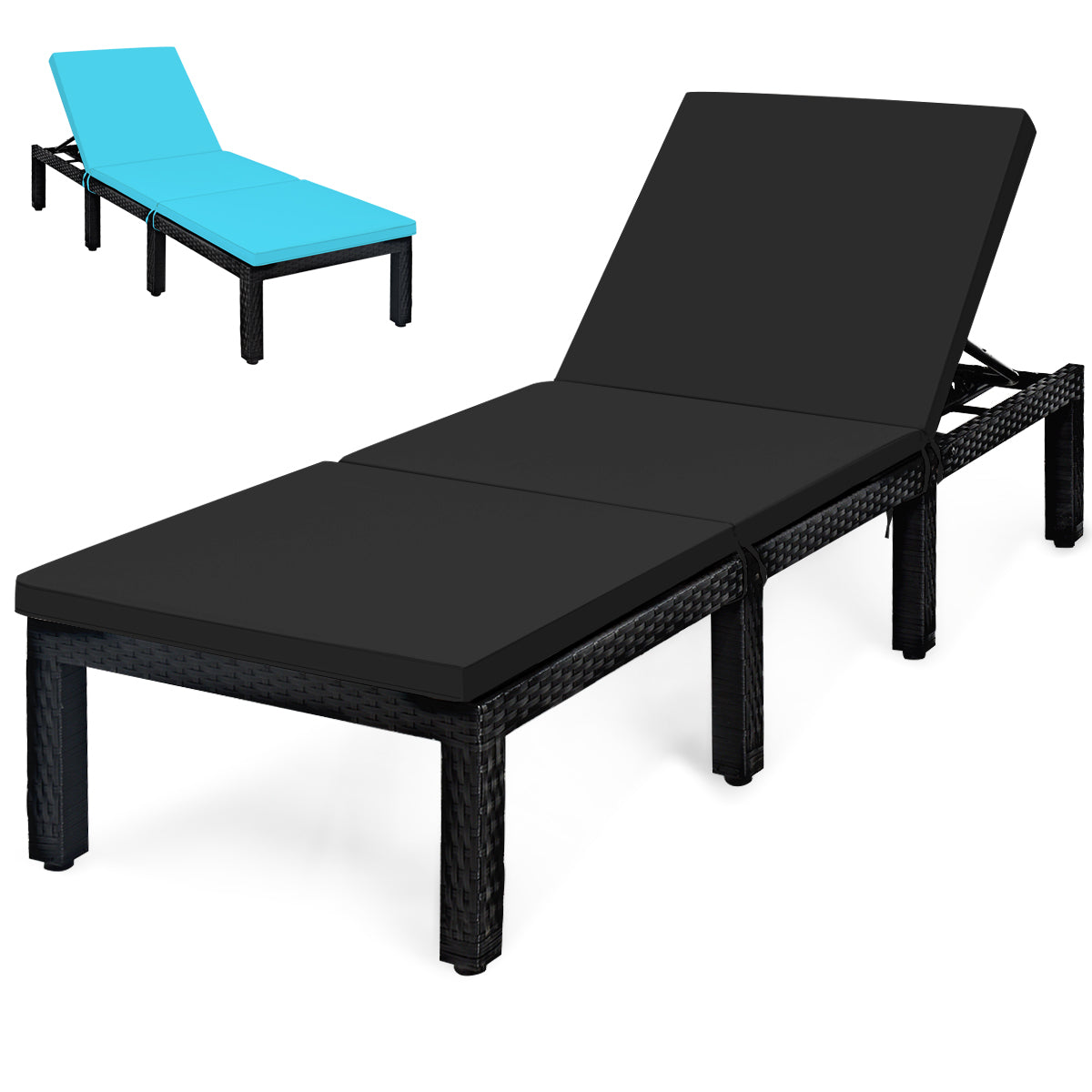 Patio Rattan Adjustable Lounge Chair, 2 Cushion Covers, Turquoise, Black Outdoor Chaise Lounges Black & Turquoise at Gallery Canada