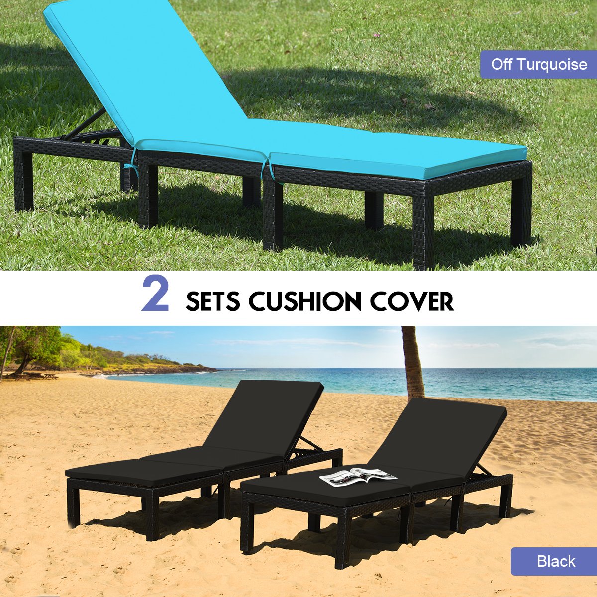 Patio Rattan Height Adjustable Lounge Chair with 2 Set of Cushion Cover, Black & Turquoise - Gallery Canada