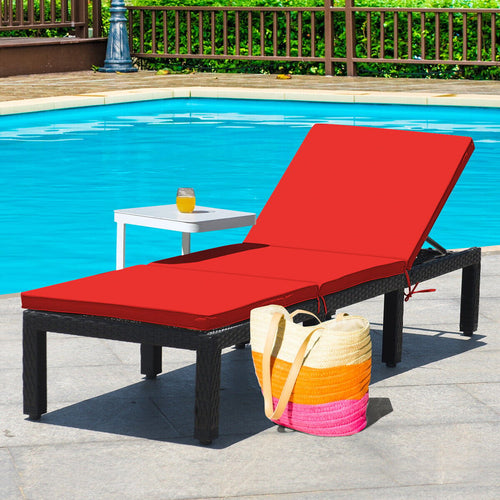 Patio Rattan Height Adjustable Lounge Chair with 2 Set of Cushion Cover, Red & Off White