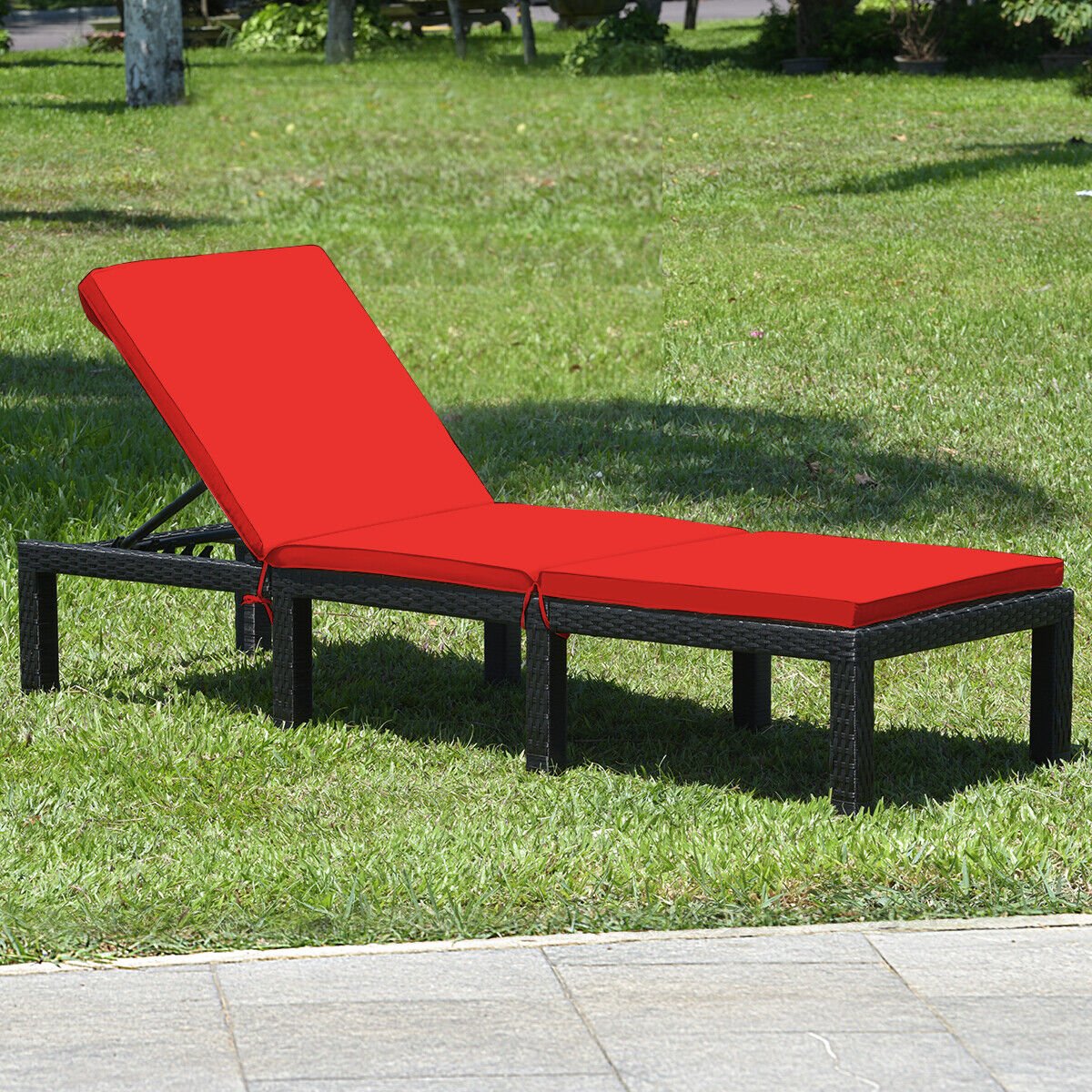 Patio Rattan Height Adjustable Lounge Chair with 2 Set of Cushion Cover, Red & Off White - Gallery Canada