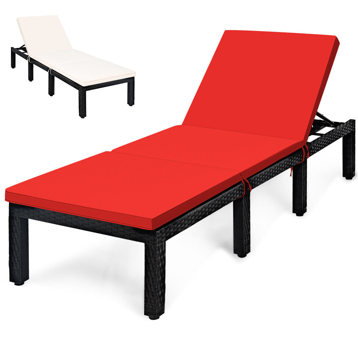 Rattan Height Adjustable Lounge Chair, 2 Cushion Covers, Off White, Red Outdoor Chaise Lounges Red & Off White at Gallery Canada