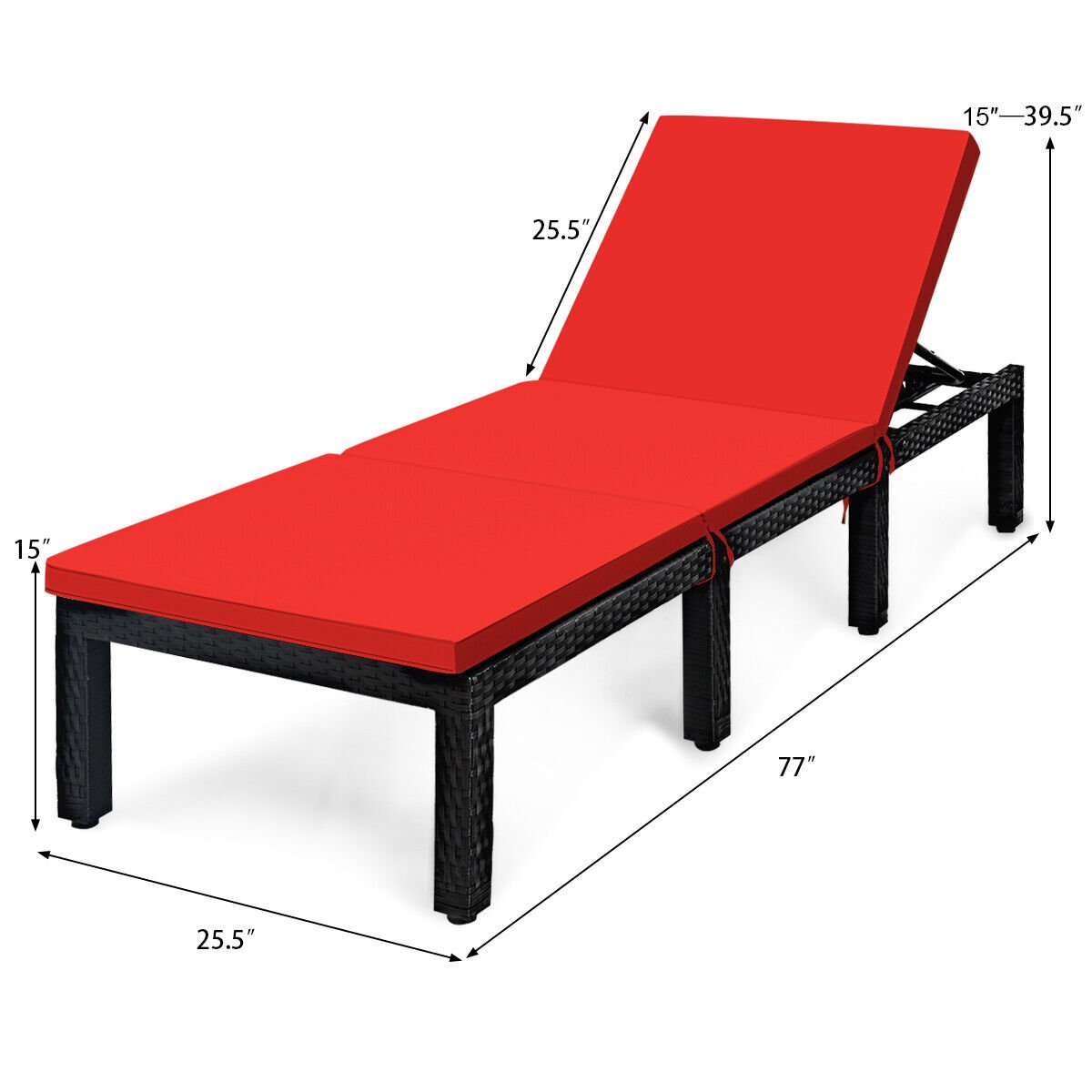 Patio Rattan Height Adjustable Lounge Chair with 2 Set of Cushion Cover, Red & Off White - Gallery Canada